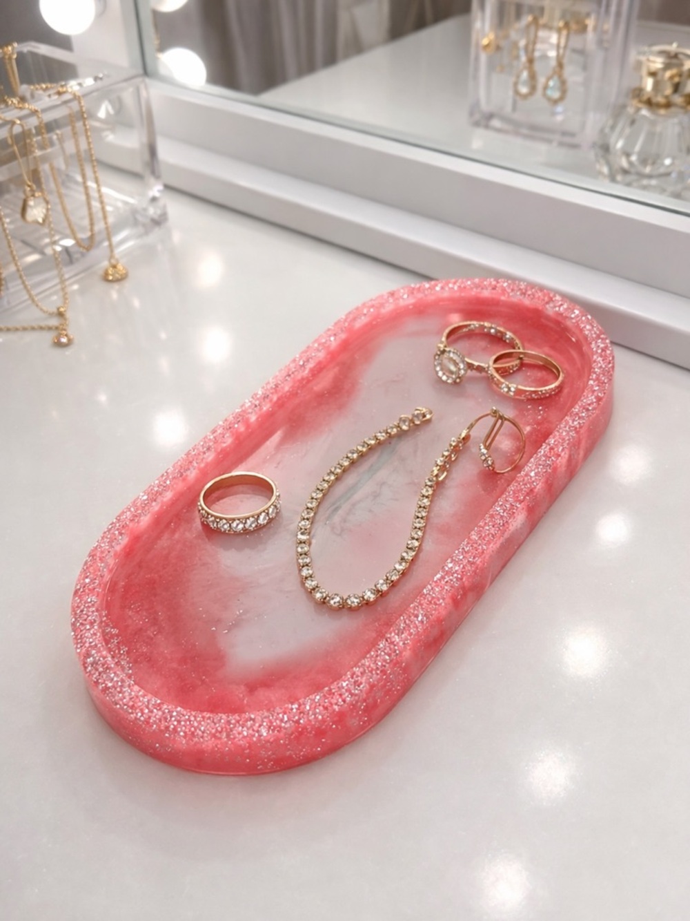 Pink Resin Jewelry Tray with Glitter Edge